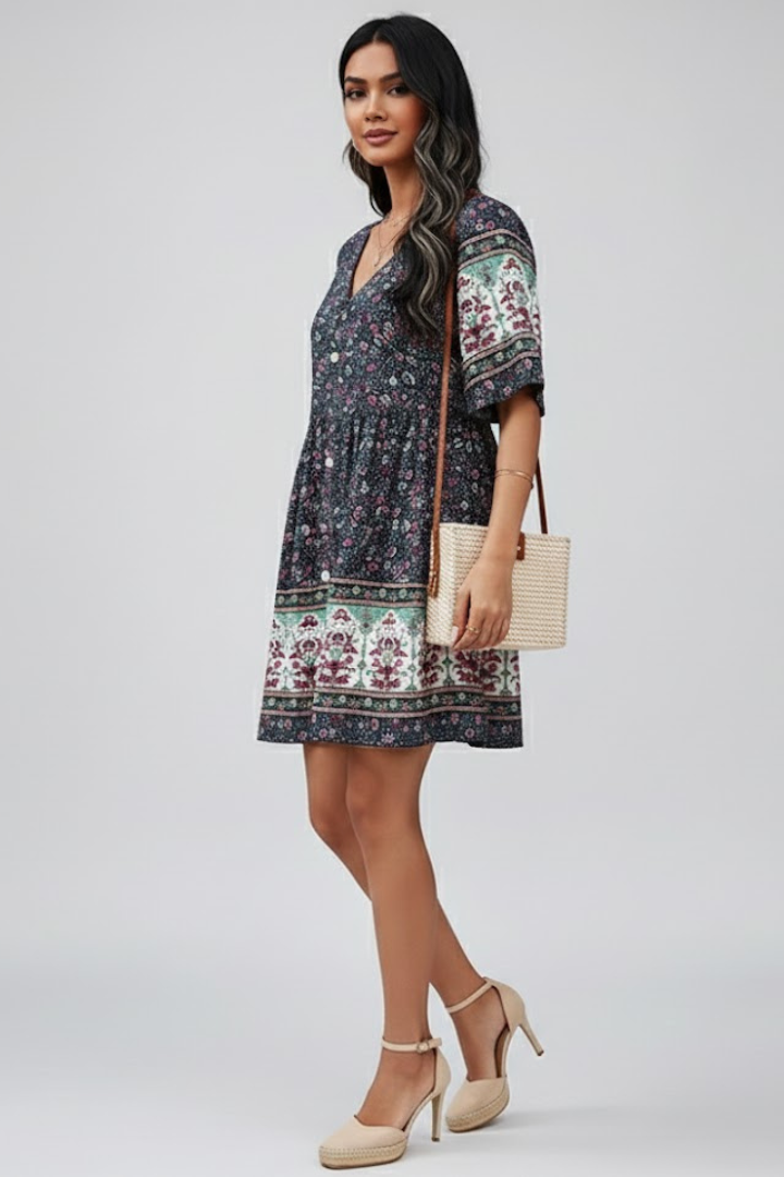 Vestito mini donna con scollo a V e bottoni sul davanti