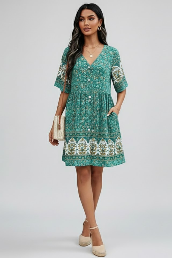 Vestito mini donna con scollo a V e bottoni sul davanti