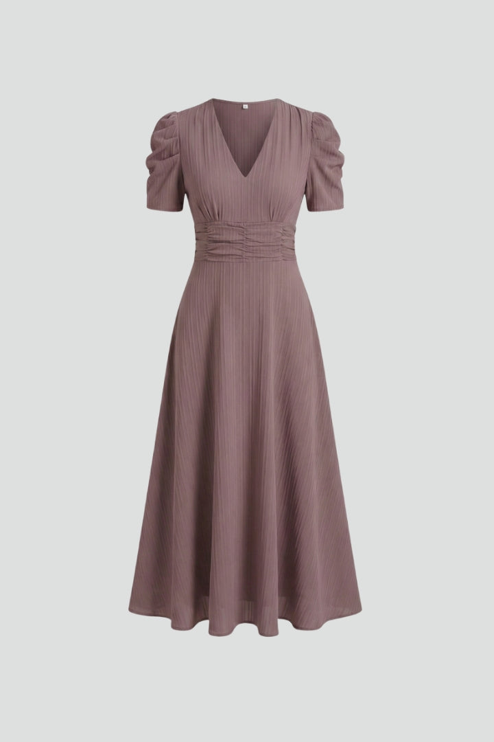 Damska Sukienka Midi z Dekoltem V i Krótkimi Rękawami - Brązowy