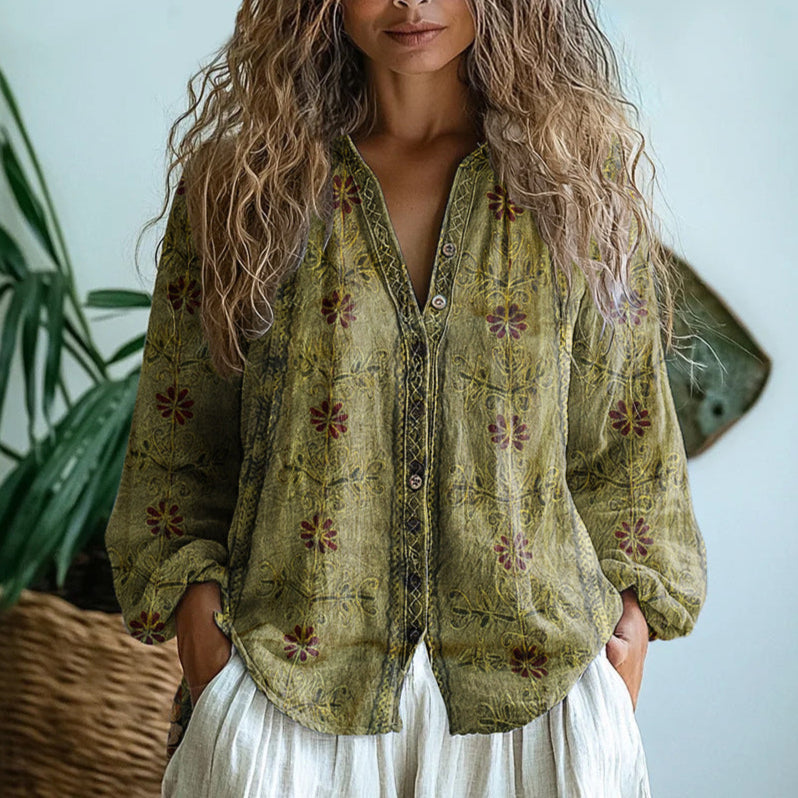 Bluse til damer med blomsterprint, V-hals og lange ærmer