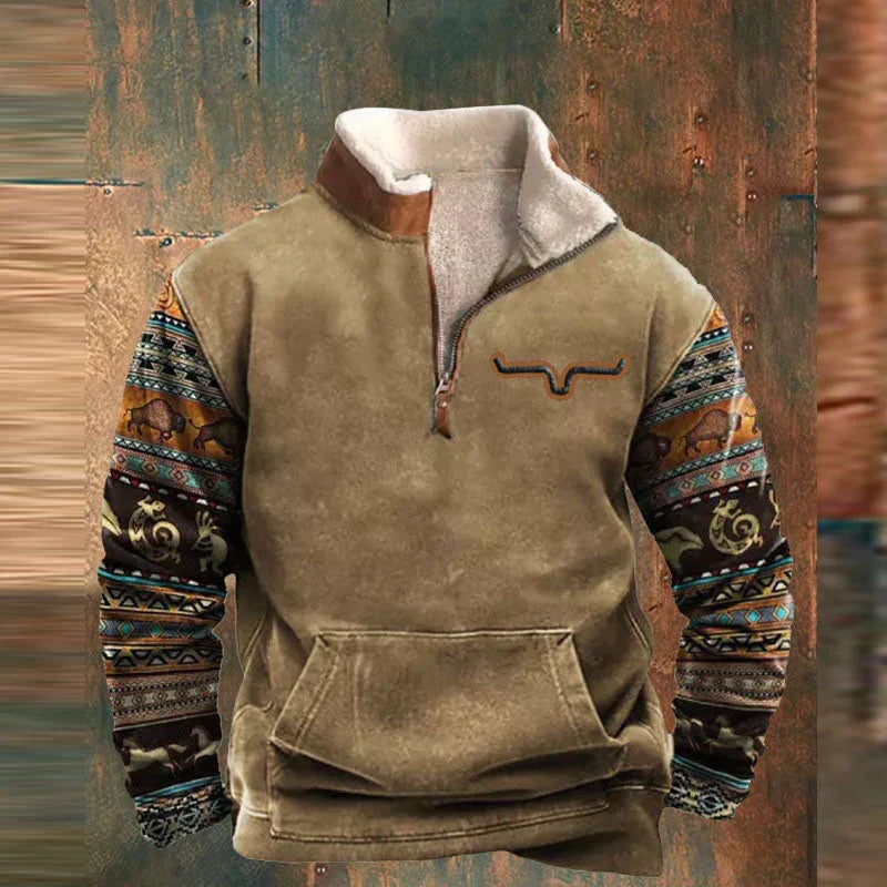 Pull homme zippé à col montant et manches à motif