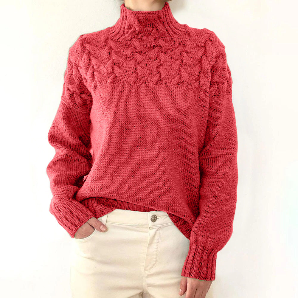 Pull femme à col roulé, torsades et manches longues