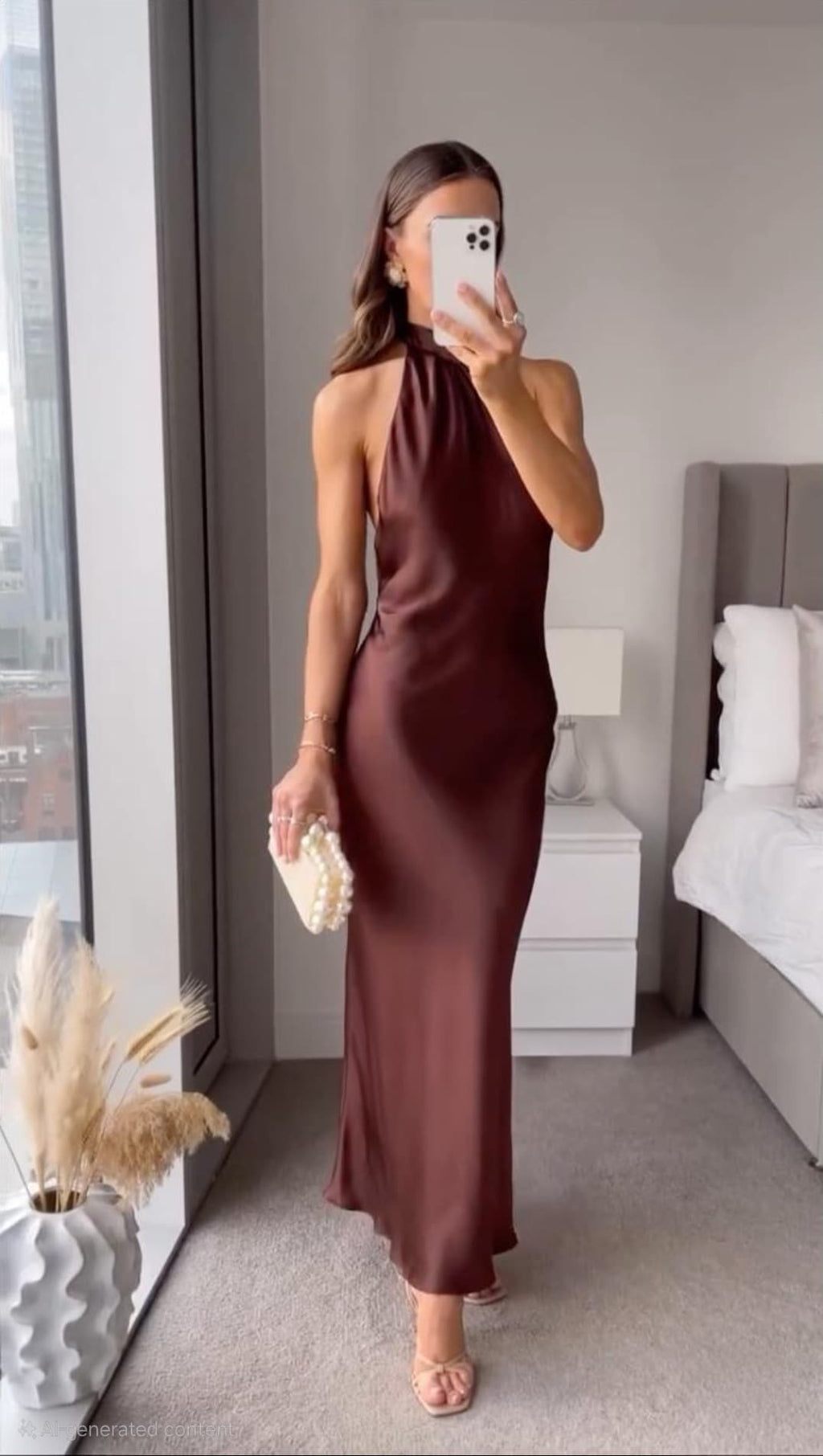 Rochie midi de damă din velur cu decolteu halter cu șnur