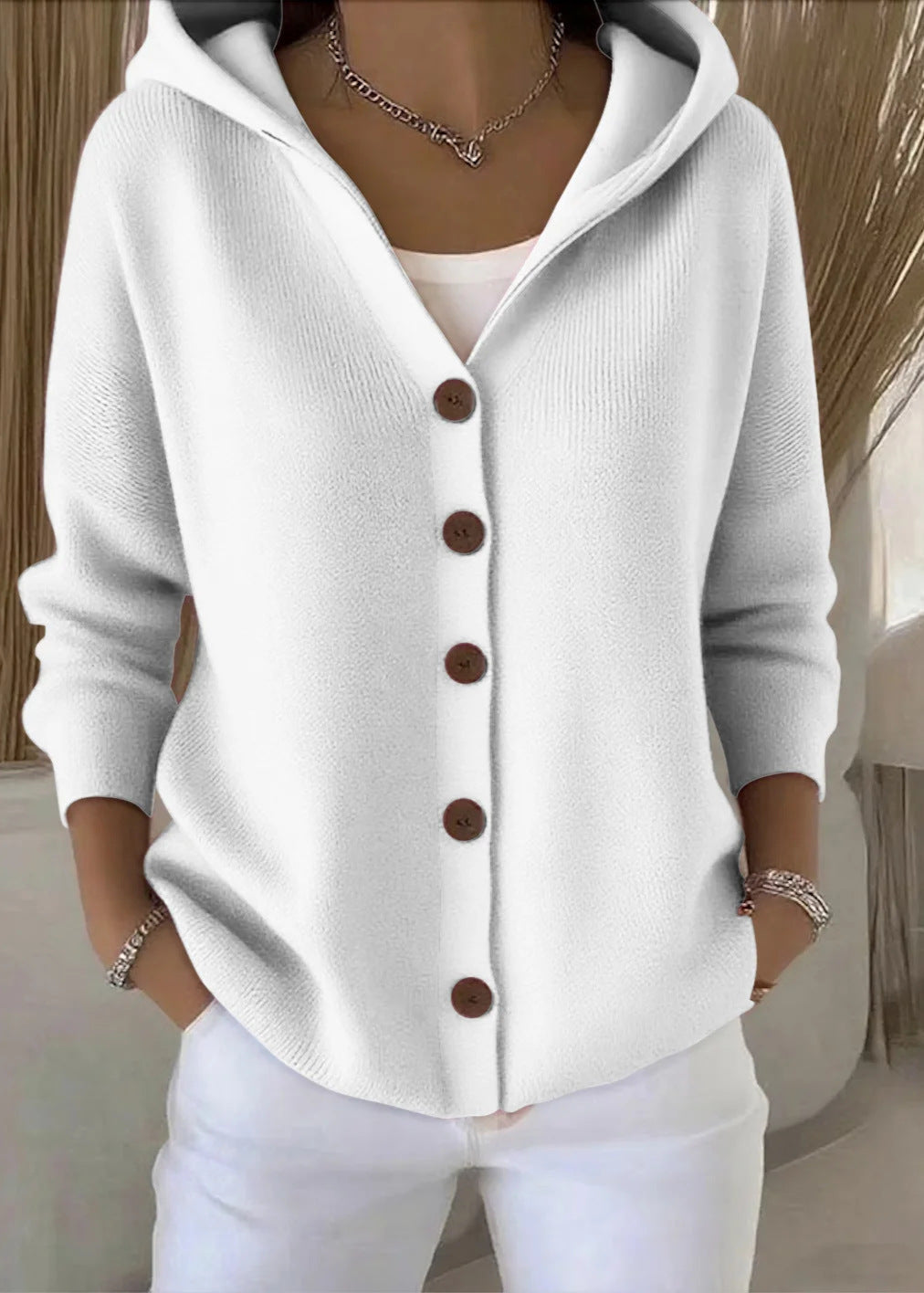 Cardigan femme à capuche et boutons, en maille, manches longues