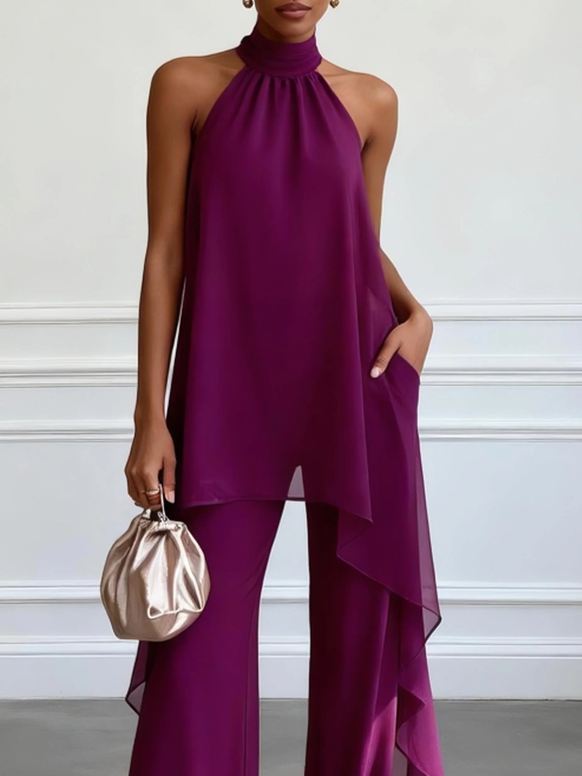 Damski Komplet z Dekoltem Halter — Elegancki, Dwuczęściowy, Letni