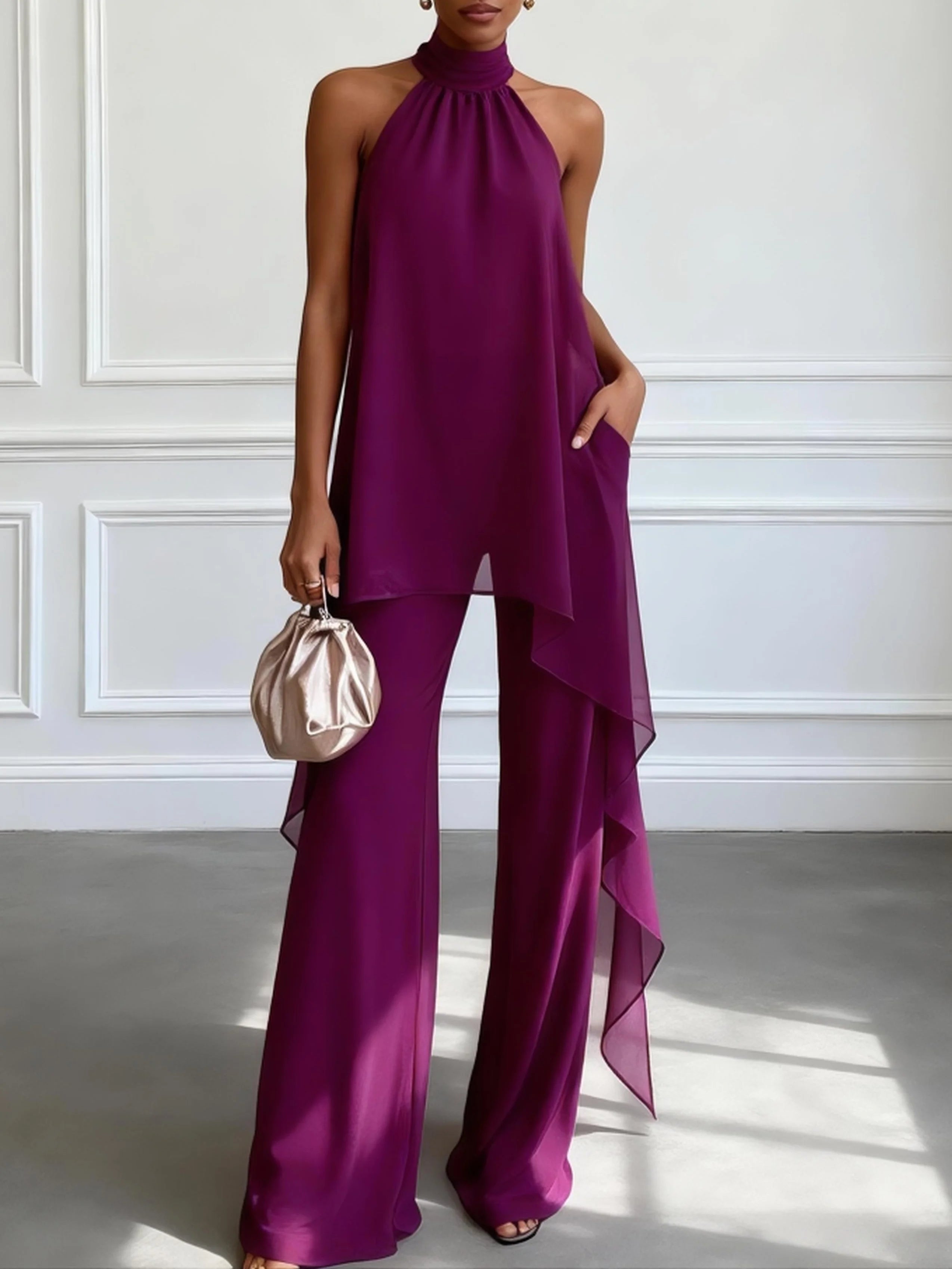 Damski Komplet z Dekoltem Halter — Elegancki, Dwuczęściowy, Letni