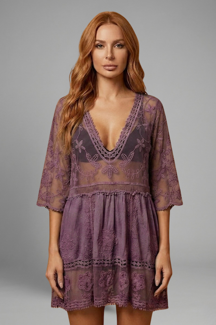 Vestito donna con scollo a V e superficie in pizzo