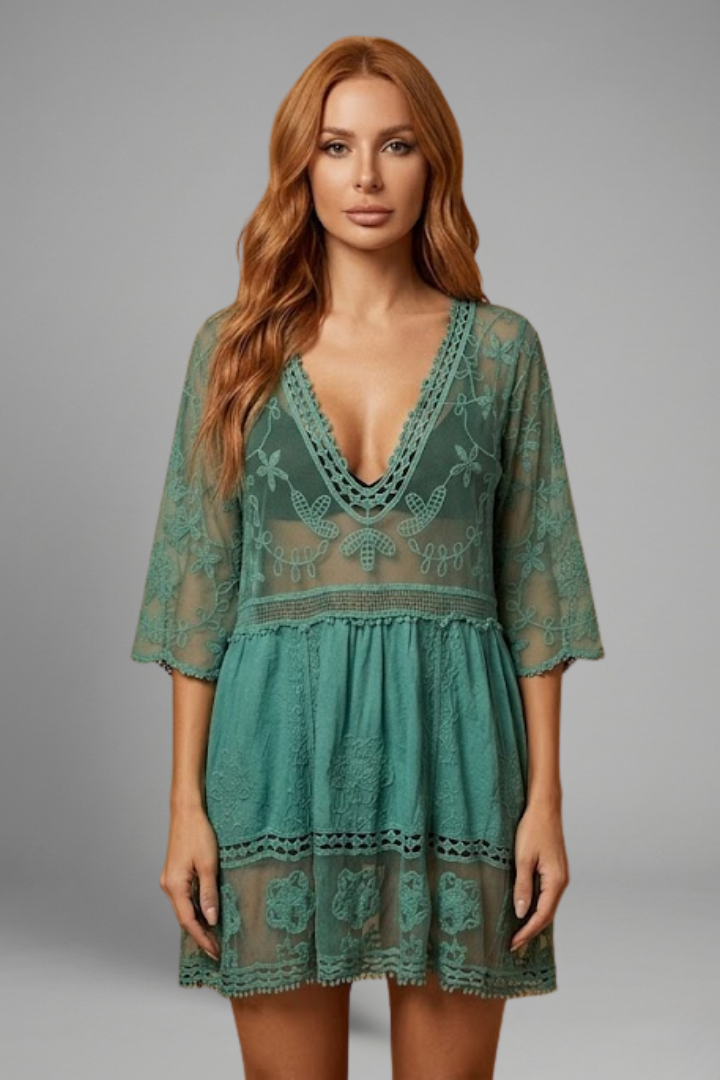 Vestito donna con scollo a V e superficie in pizzo