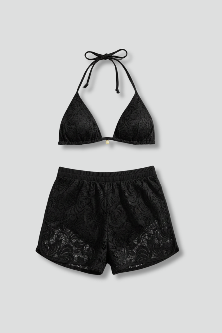 Completo bikini donna top halter e shorts in pizzo