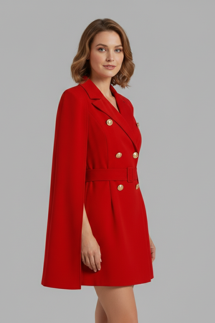 Damska Sukienka Blazerowa z Dwurzędowymi Guzikami i Paskiem