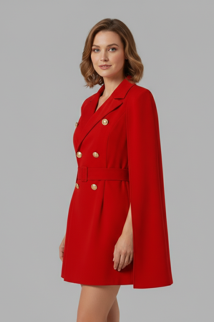 Damska Sukienka Blazerowa z Dwurzędowymi Guzikami i Paskiem
