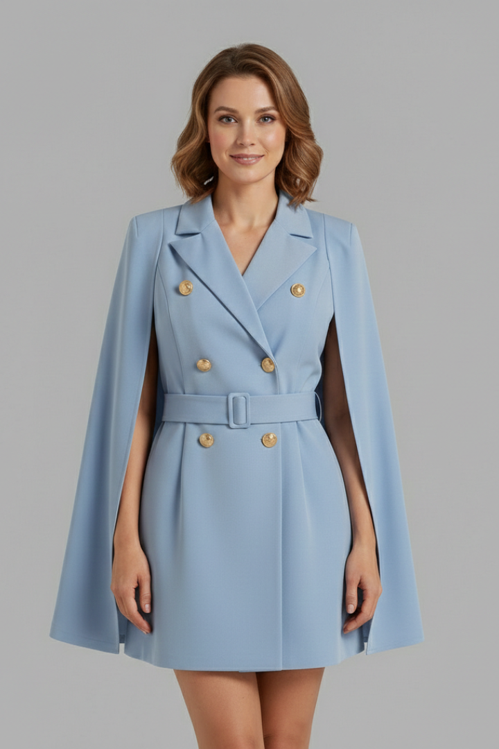 Damska Sukienka Blazerowa z Dwurzędowymi Guzikami i Paskiem