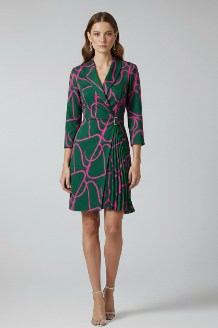 Damska Sukienka Blazerowa z Kołnierzem z Wycięciem i Prostym Dołem