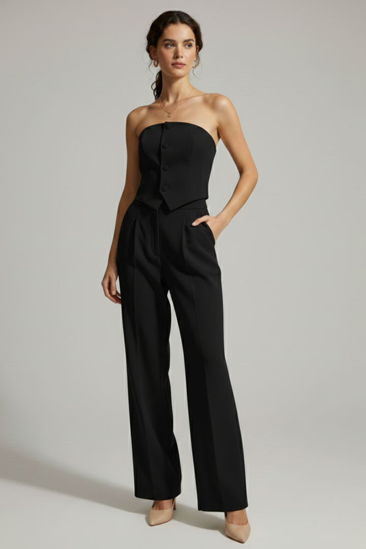 Completo donna con top a corsetto e pantaloni con bottoni