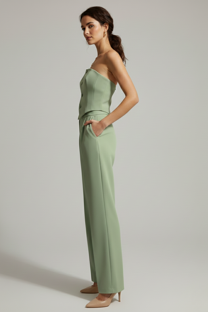Completo donna con top a corsetto e pantaloni con bottoni