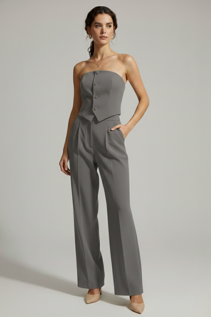 Completo donna con top a corsetto e pantaloni con bottoni