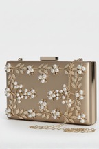 Clutch til damer med blomsterbroderi af perler og kæde