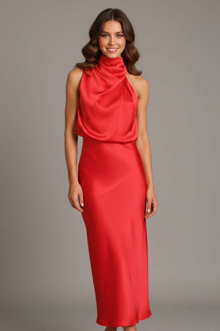 Vestido de mulher com decote alto e frente drapeada