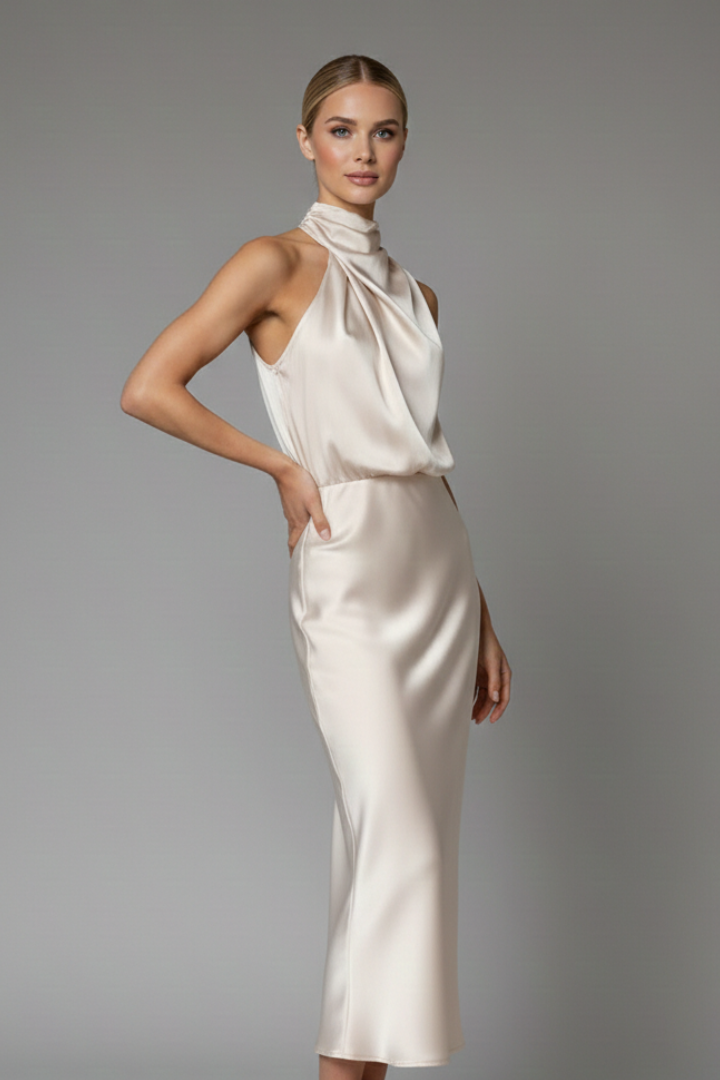 Vestido de mulher com decote alto e frente drapeada
