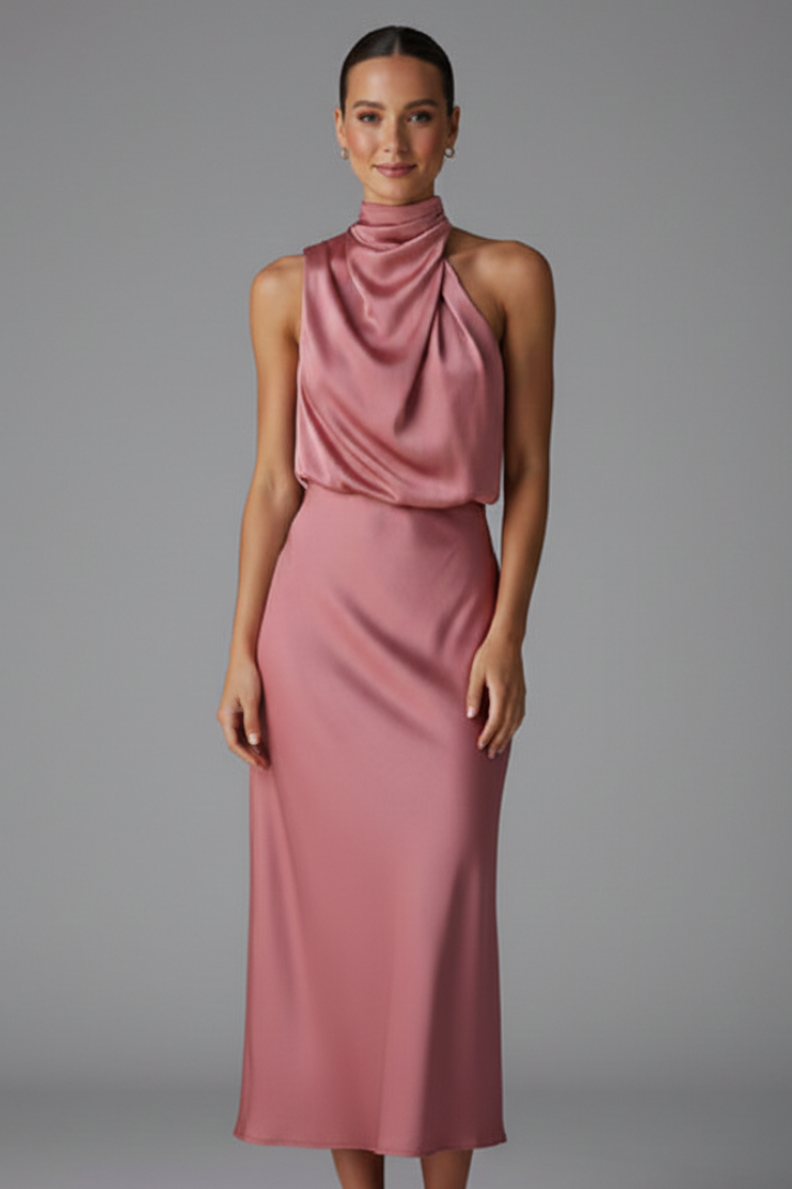 Vestido de mulher com decote alto e frente drapeada