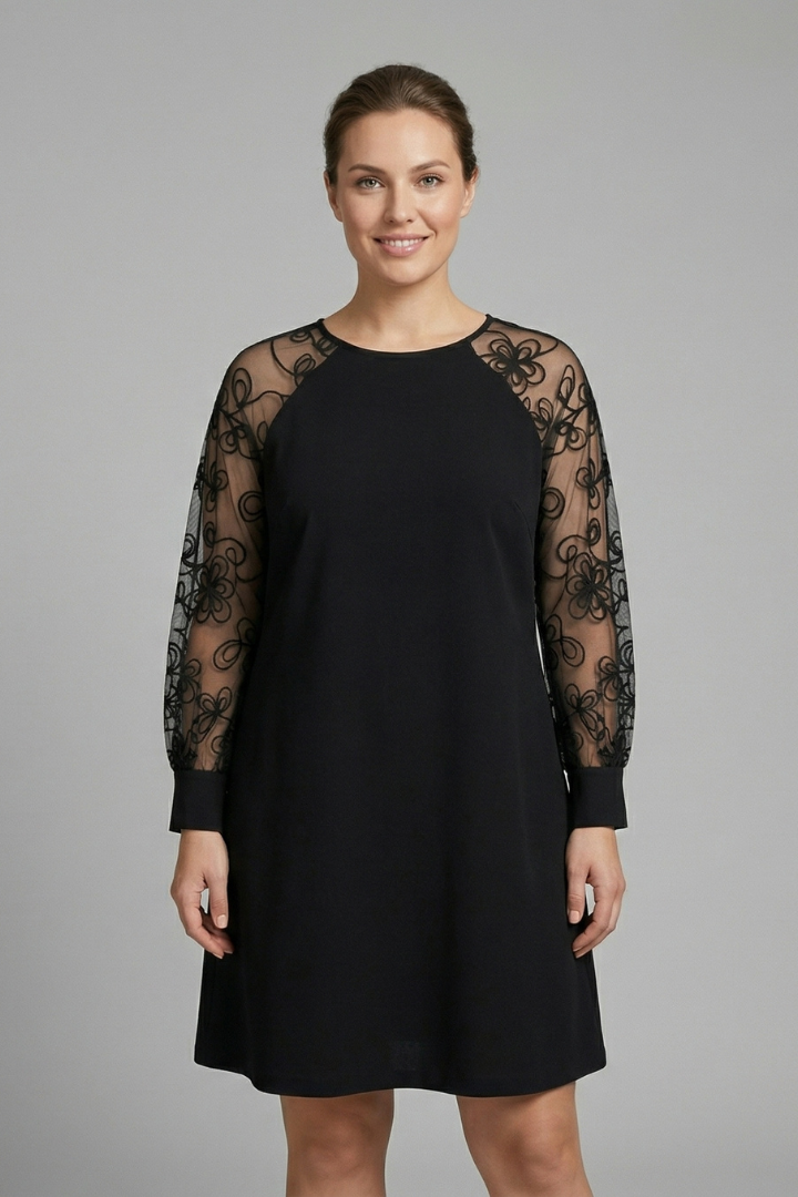 Vestido de mujer con escote redondo y mangas de encaje