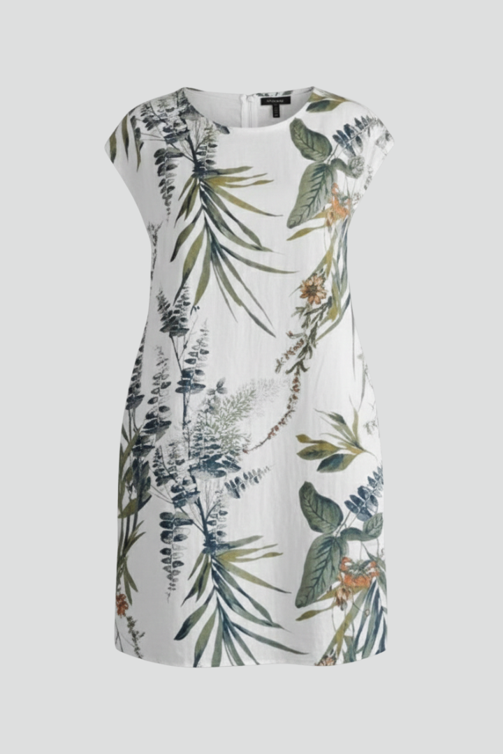 Vestido de mulher com decote redondo e tecido estampado