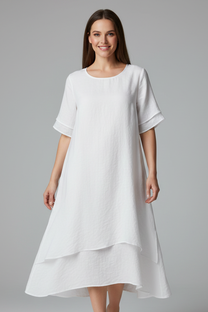 Rochie de damă cu decolteu rotund și mâneci scurte