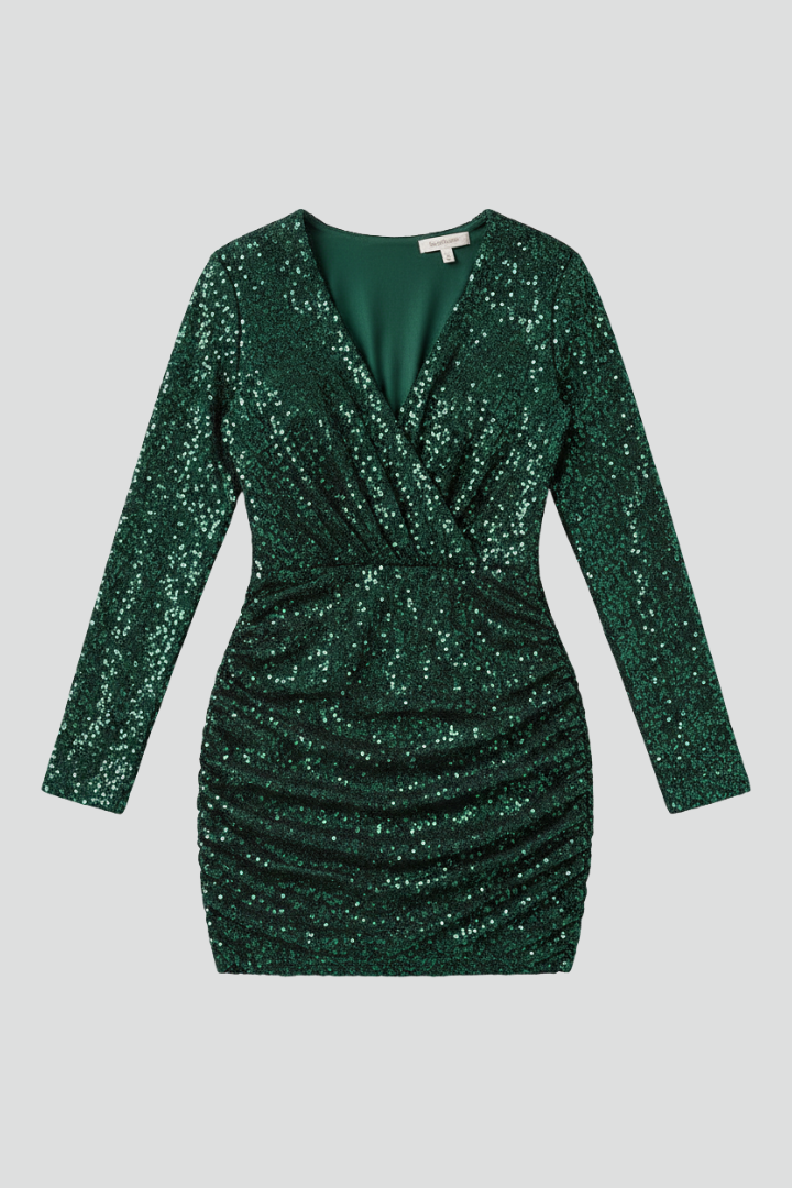 Damska Sukienka z Dekoltem V i Długimi Rękawami - Zielony