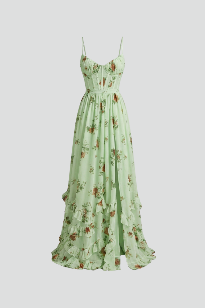 Damska Sukienka Maxi w Kwiaty z Cienkimi Ramiączkami i Rozcięciem