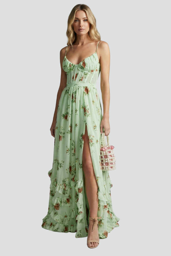 Damska Sukienka Maxi w Kwiaty z Cienkimi Ramiączkami i Rozcięciem