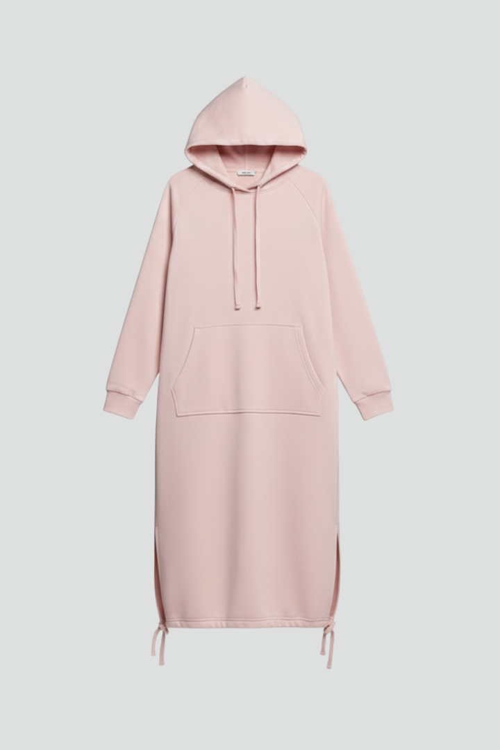 Vestido de mulher com cordão na bainha e bolso tipo canguru