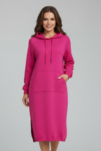 Vestido de mulher com cordão na bainha e bolso tipo canguru