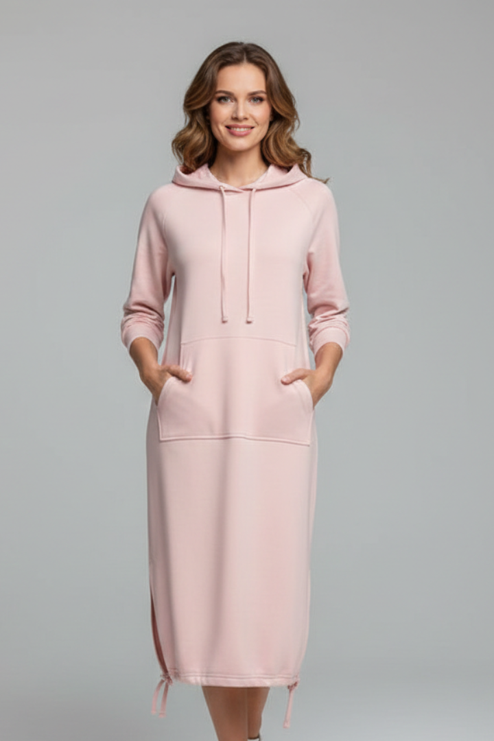 Vestido de mulher com cordão na bainha e bolso tipo canguru