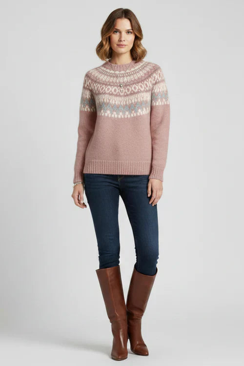 Damski Sweter z Okrągłym Dekoltem i Wzorem Fair Isle