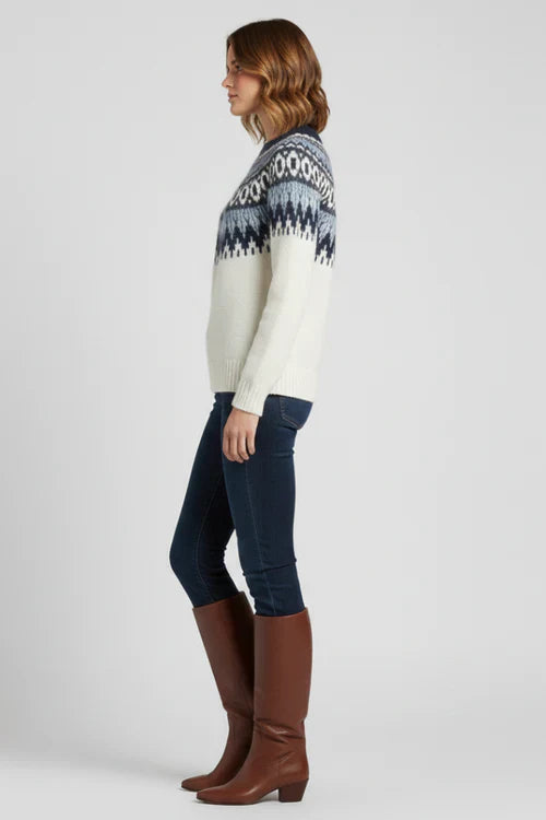 Damski Sweter z Okrągłym Dekoltem i Wzorem Fair Isle