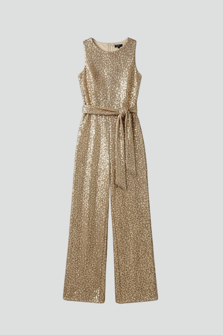 Tuta donna con superficie in paillettes e gamba dritta