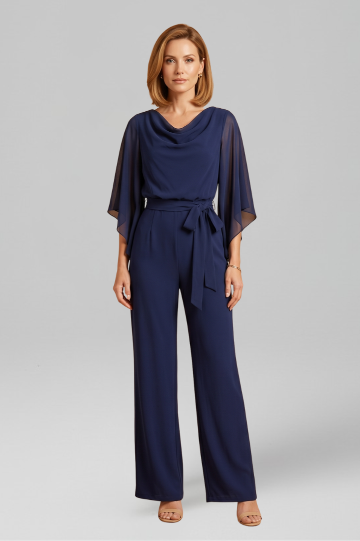 Jumpsuit a portafoglio donna, scollo a V, manica lunga, laccio in vita