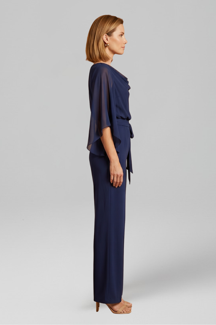 Jumpsuit a portafoglio donna, scollo a V, manica lunga, laccio in vita