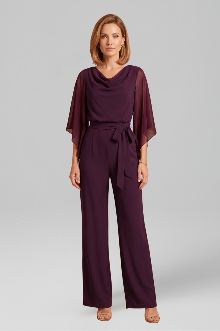 Jumpsuit a portafoglio donna, scollo a V, manica lunga, laccio in vita