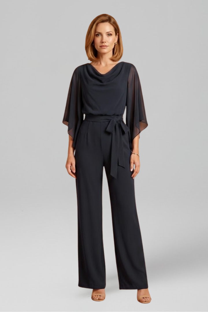 Jumpsuit a portafoglio donna, scollo a V, manica lunga, laccio in vita