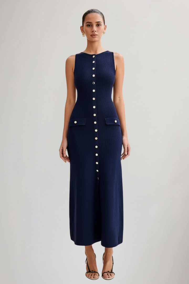 Vestito maxi donna in maglia senza maniche con bottoni sul davanti