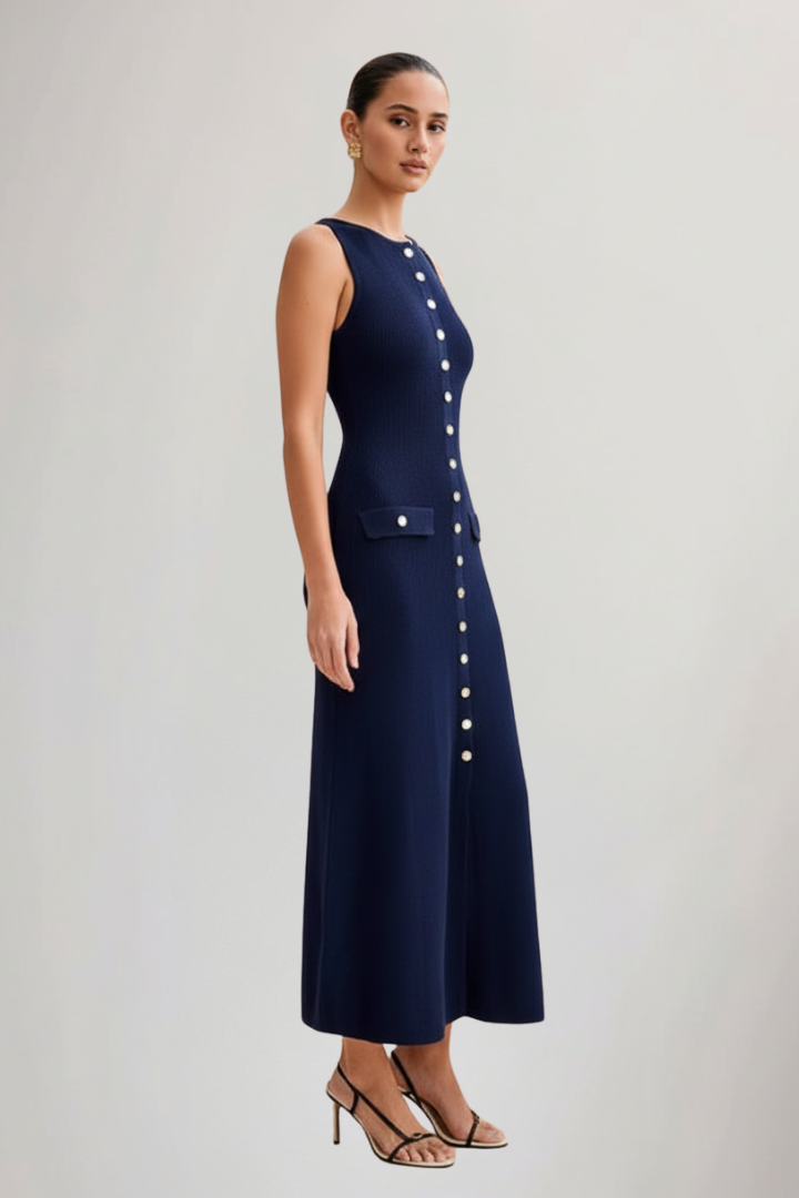 Vestito maxi donna in maglia senza maniche con bottoni sul davanti