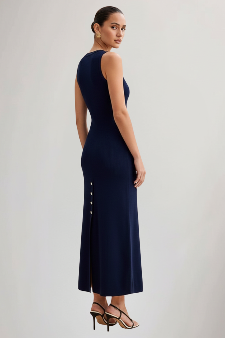 Vestito maxi donna in maglia senza maniche con bottoni sul davanti