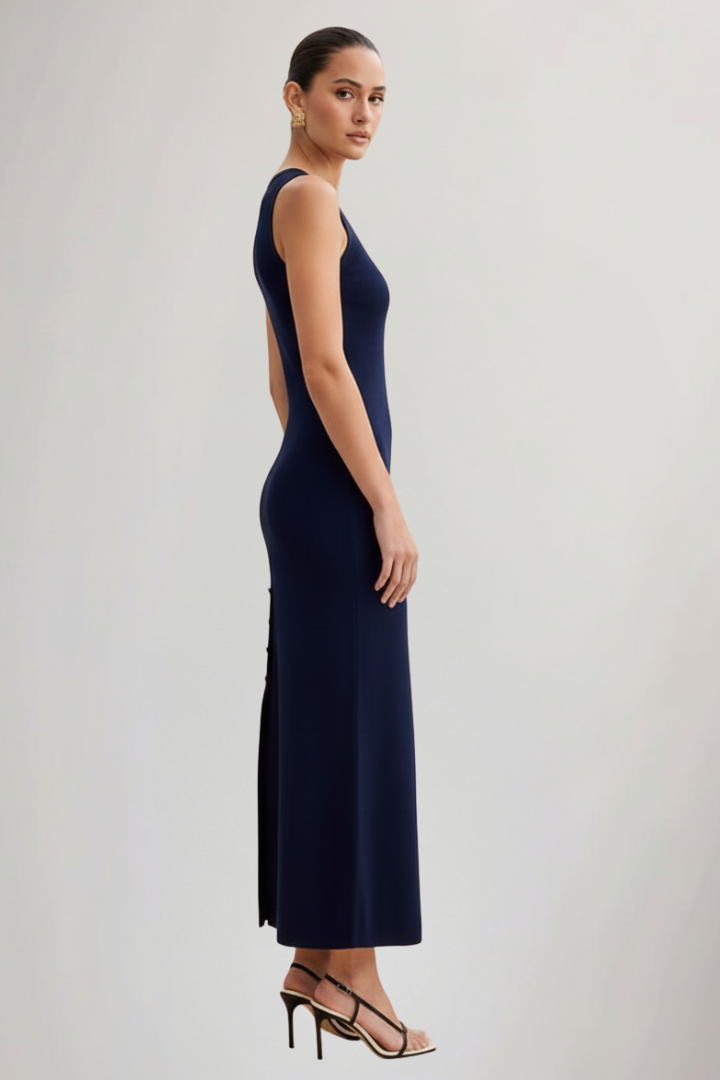 Vestito maxi donna in maglia senza maniche con bottoni sul davanti
