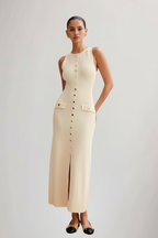 Vestito maxi donna in maglia senza maniche con bottoni sul davanti
