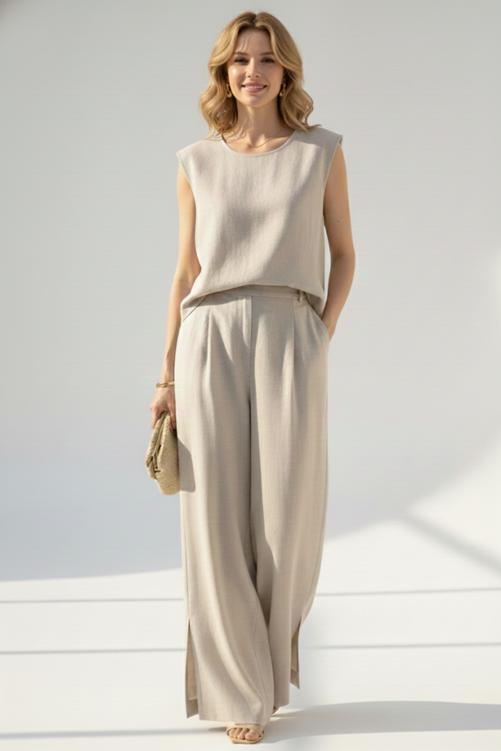 Completo in lino donna con top senza maniche e pantaloni a gamba ampia