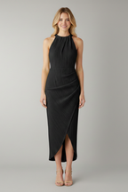 Vestito maxi donna con allacciatura al collo e spacco laterale