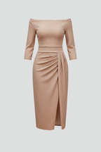 Vestito maxi donna con spalle scoperte e spacco laterale