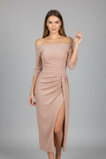 Vestito maxi donna con spalle scoperte e spacco laterale