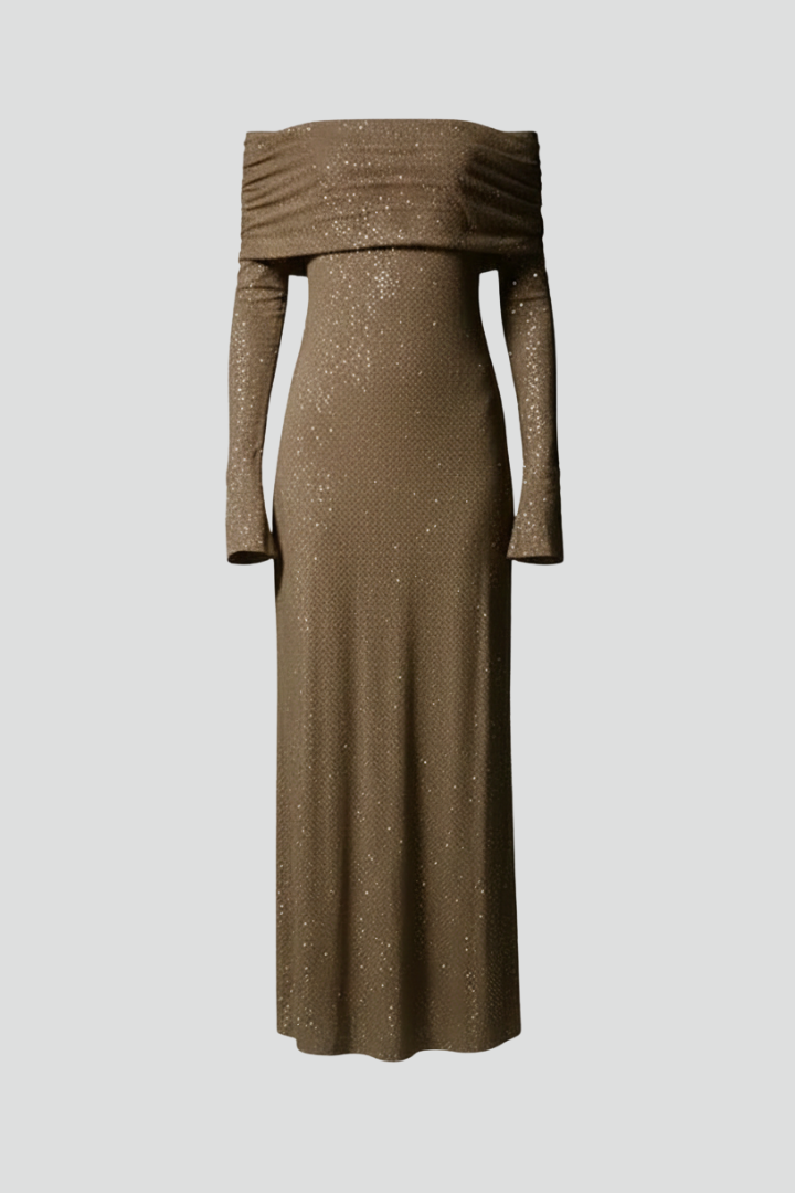 Vestido maxi de mulher com ombros a descoberto e mangas compridas